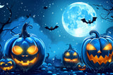 Eerie Blue Halloween Moon and Pumpkins Backdrop BRP8-174