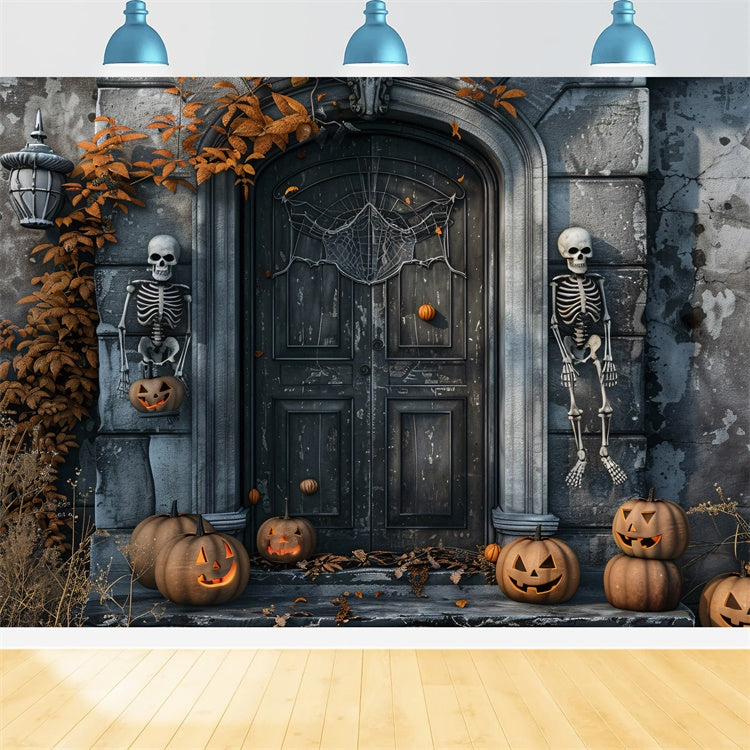 Skeleton Sentinels and Pumpkin Halloween Door Backdrop BRP8-196