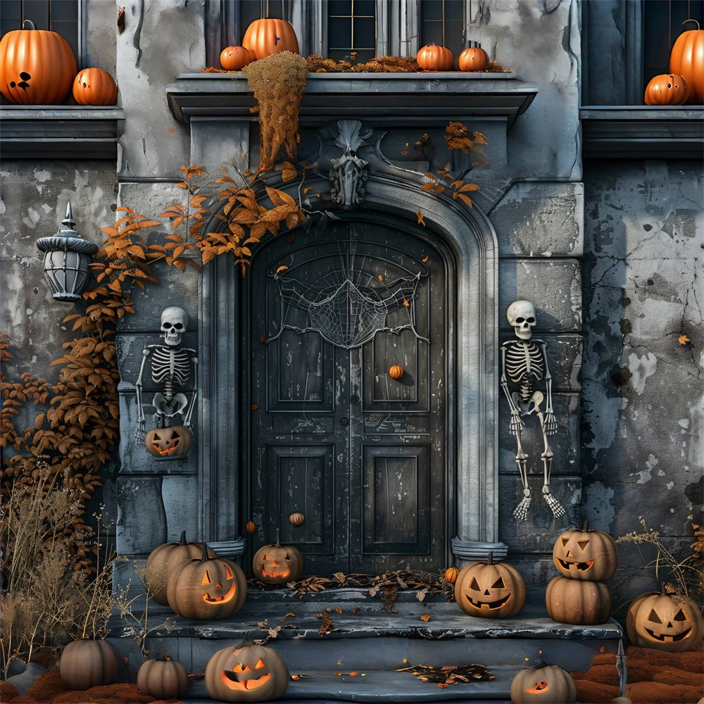 Skeleton Sentinels and Pumpkin Halloween Door Backdrop BRP8-196