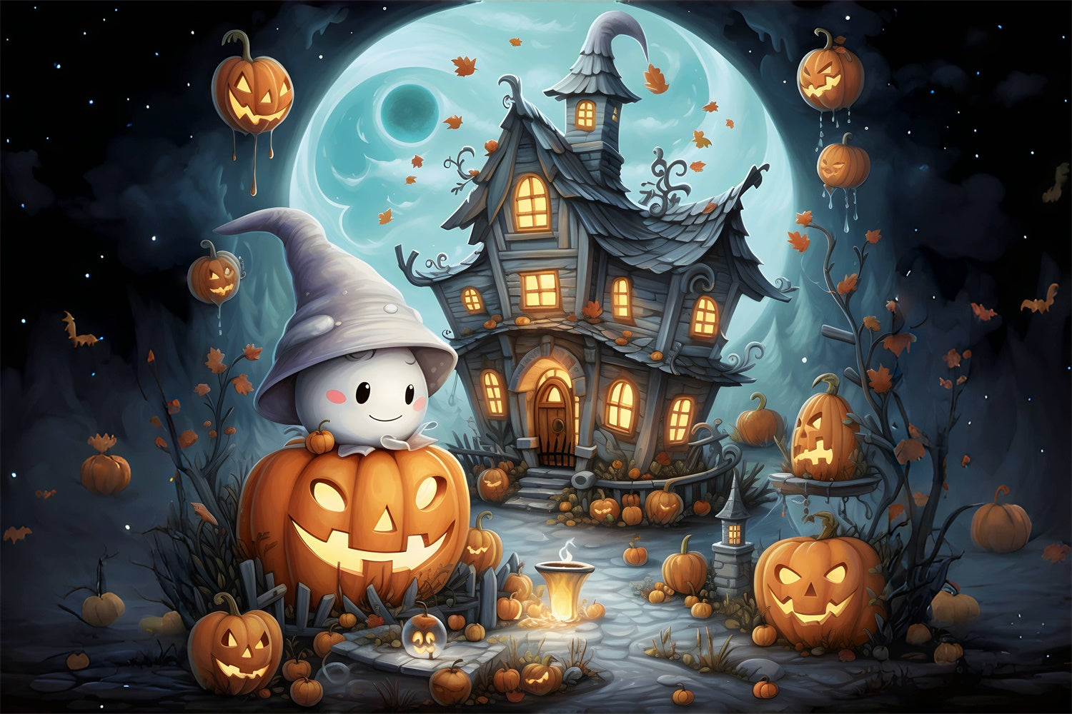 Sweet Ghost and Cottage Cute Halloween Backdrop BRP8-209