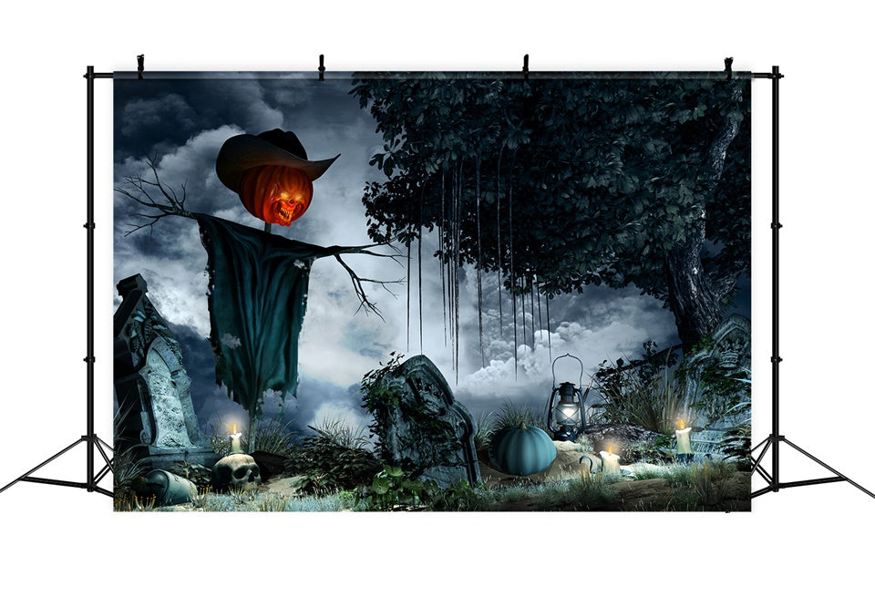 Pumpkin Head Scarecrow in Graveyard Halloween Backdrop BRP8-217