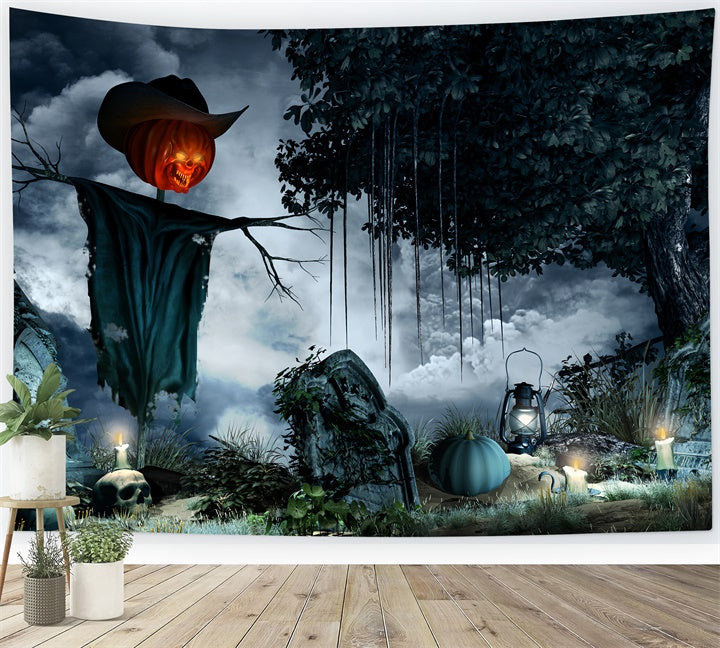 Pumpkin Head Scarecrow in Graveyard Halloween Backdrop BRP8-217