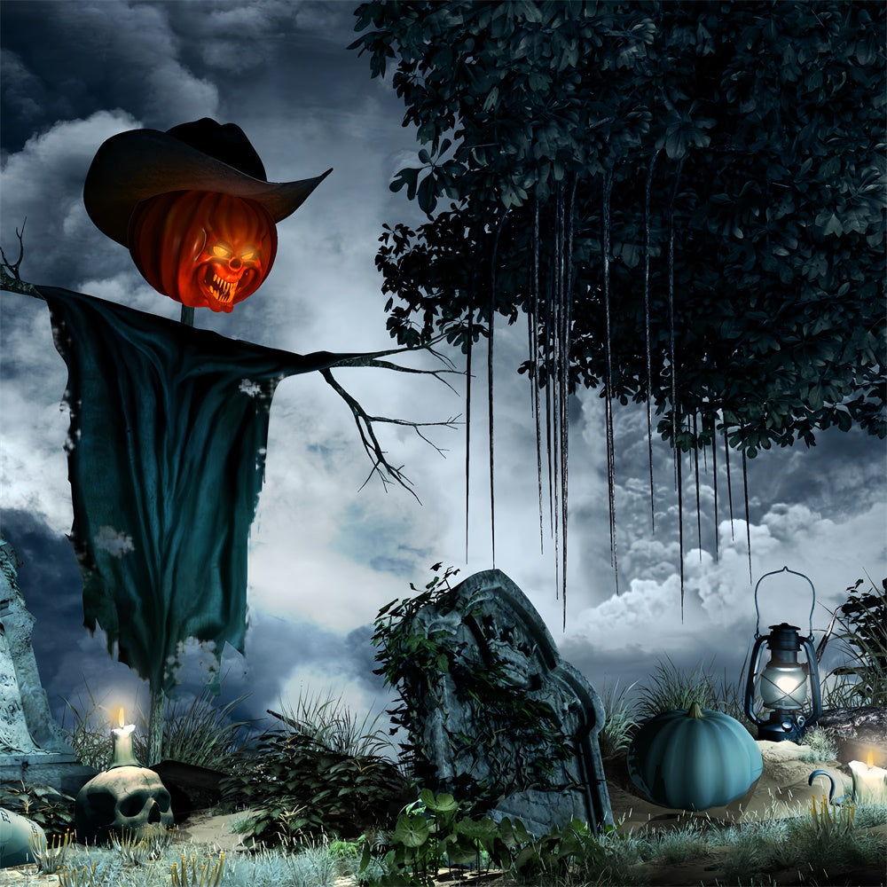 Pumpkin Head Scarecrow in Graveyard Halloween Backdrop BRP8-217