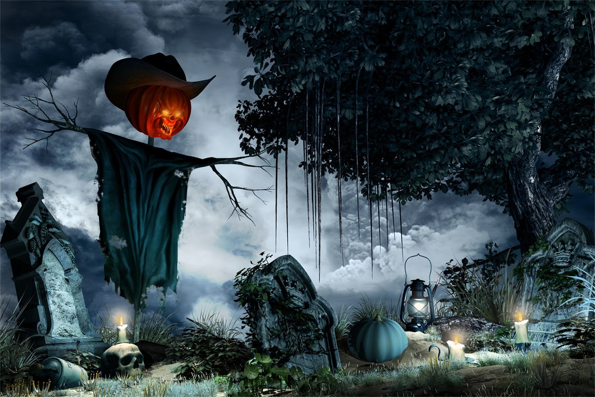 Pumpkin Head Scarecrow in Graveyard Halloween Backdrop BRP8-217