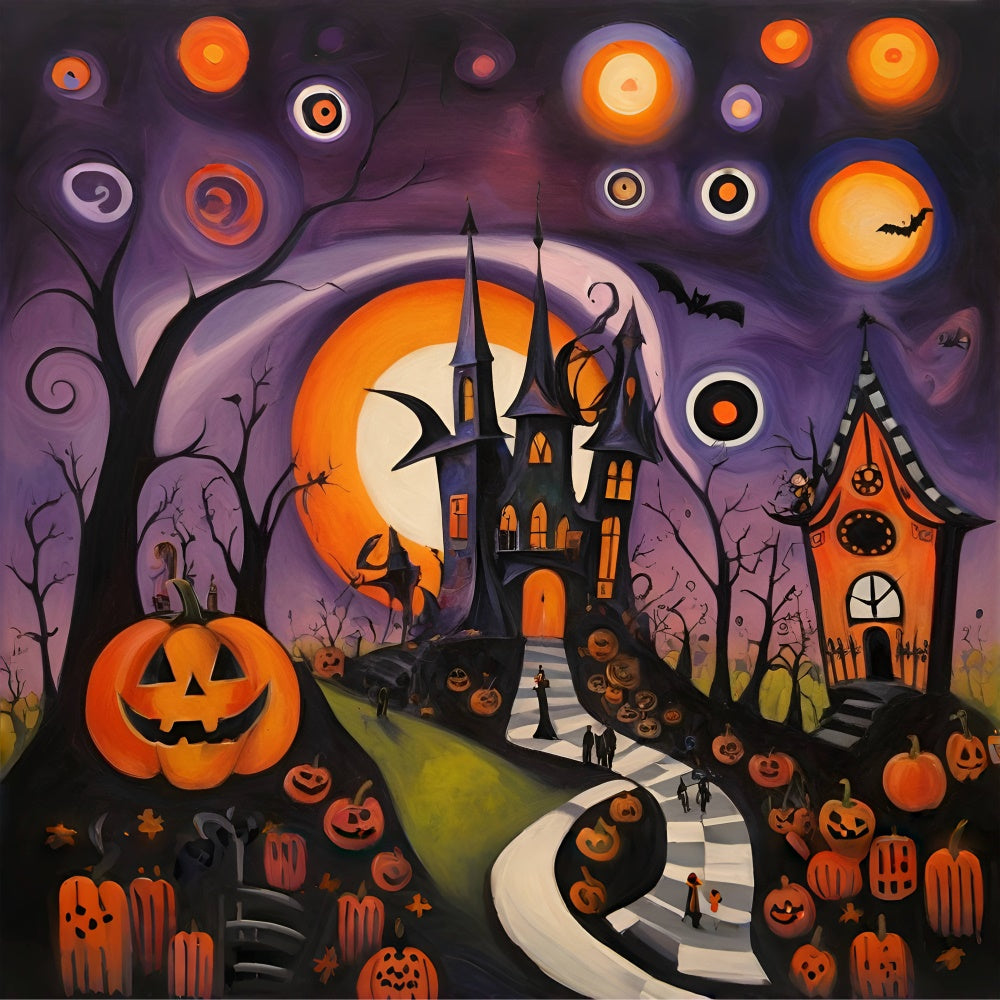 Abstract Halloween Castle and Pumpkin-Laden Path Backdrop BRP8-223