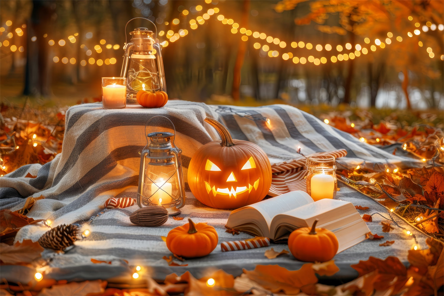 Cozy Halloween Evening Pumpkin Lantern Picnic Backdrop BRP8-224