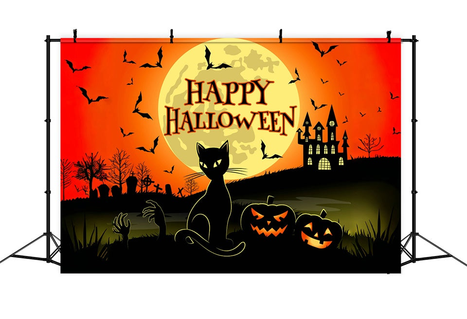 Scary Cat and Castle Happy Halloween Backdrop BRP8-228