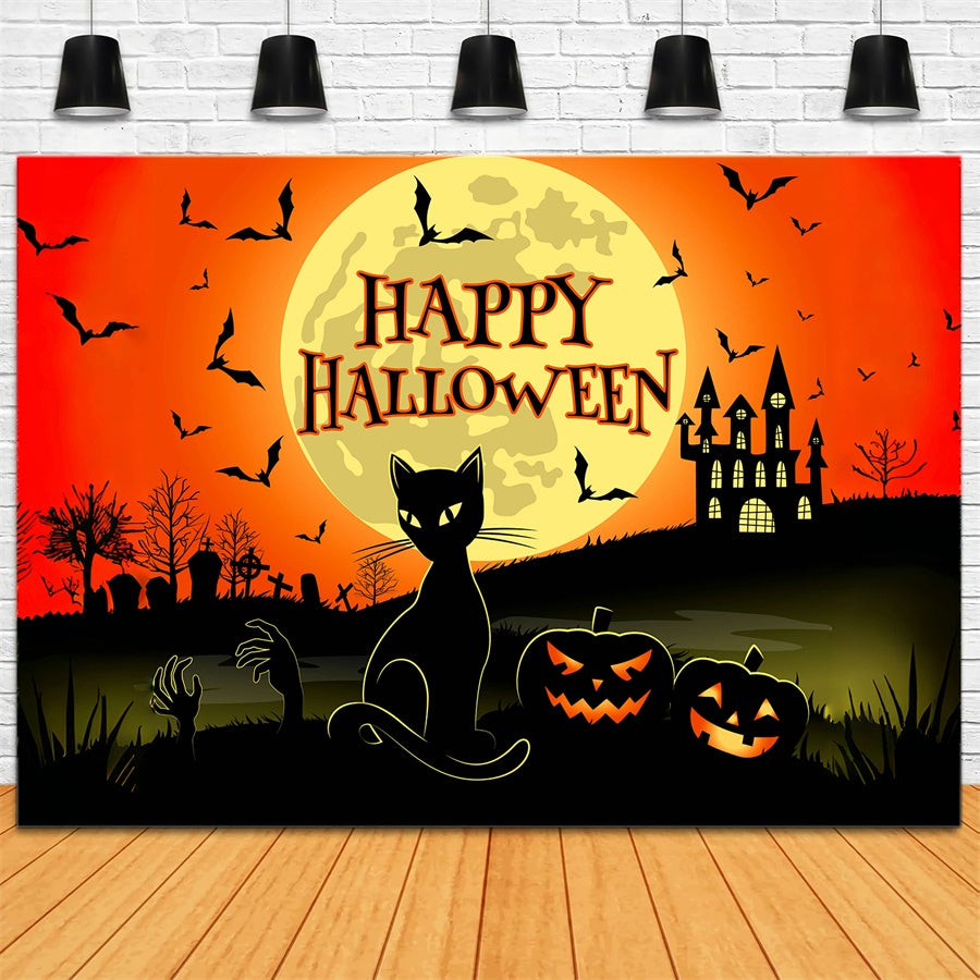 Scary Cat and Castle Happy Halloween Backdrop BRP8-228