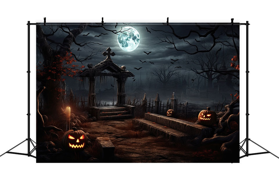 Halloween Creepy Graveyard with Glowing Pumpkins Backdrop BRP8-237