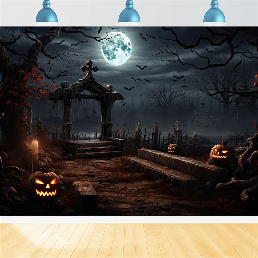 Halloween Creepy Graveyard with Glowing Pumpkins Backdrop BRP8-237