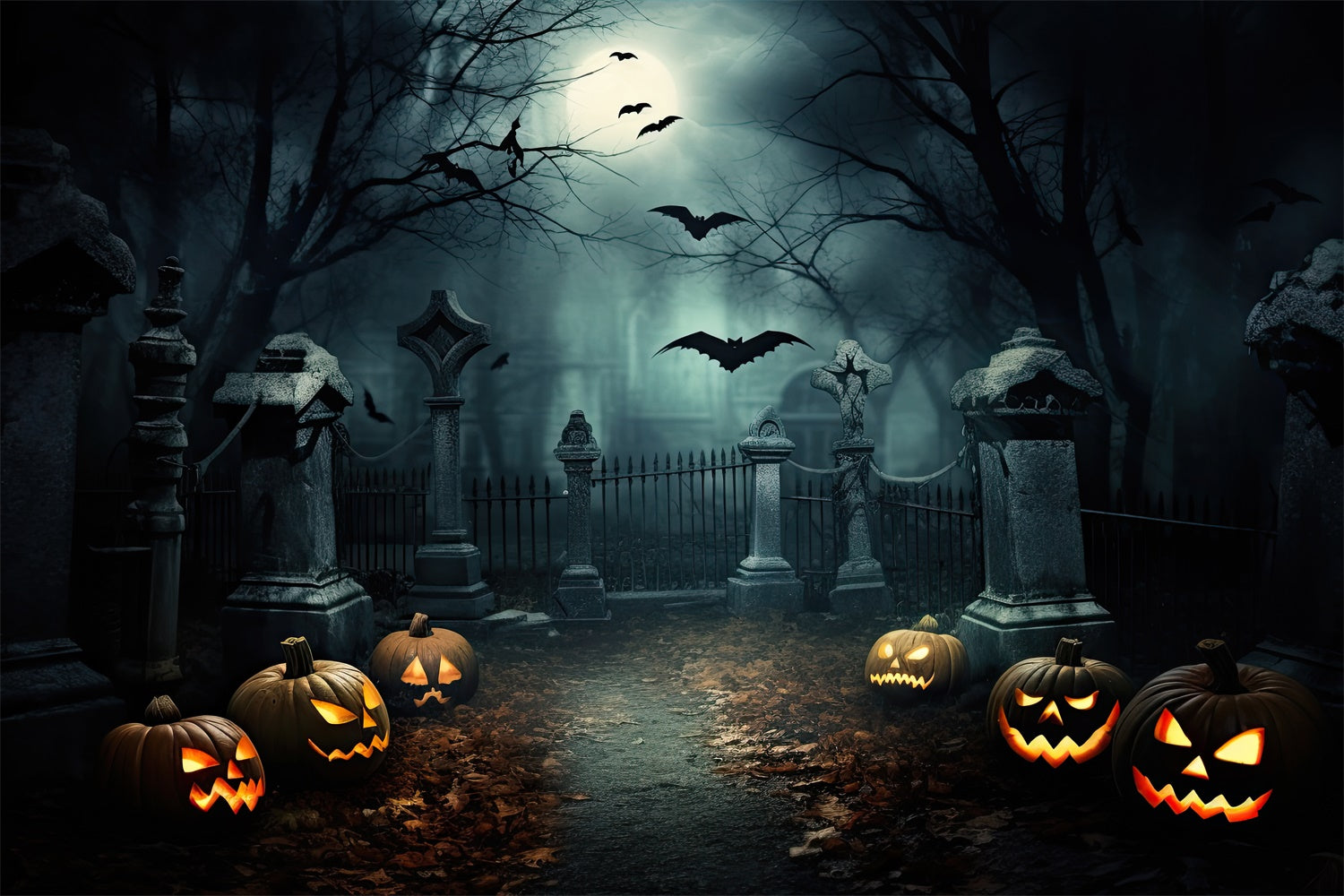 Halloween Cemetery Path with Evil Pumpkins Backdrop BRP8-239