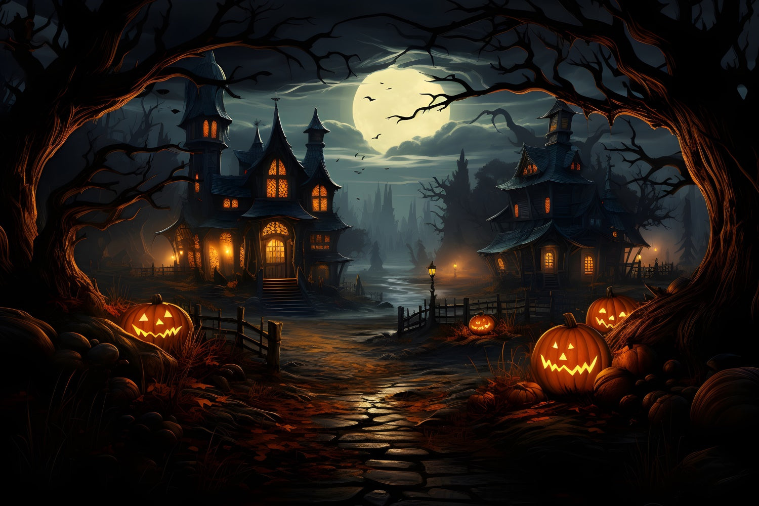 Spooky Pathway to Haunted House Halloween Backdrop BRP8-243