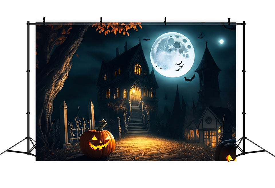 Eerie Mansion Under Full Moon Halloween Backdrop BRP8-250