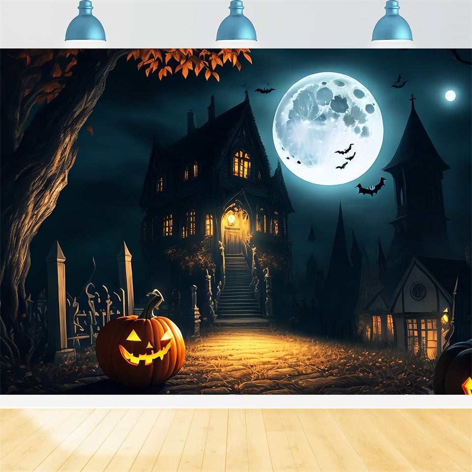 Eerie Mansion Under Full Moon Halloween Backdrop BRP8-250