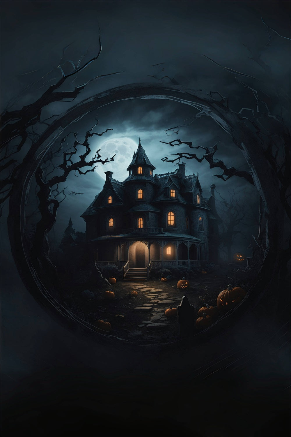 Spooky House Surrounded by Trees Halloween Backdrop BRP8-252