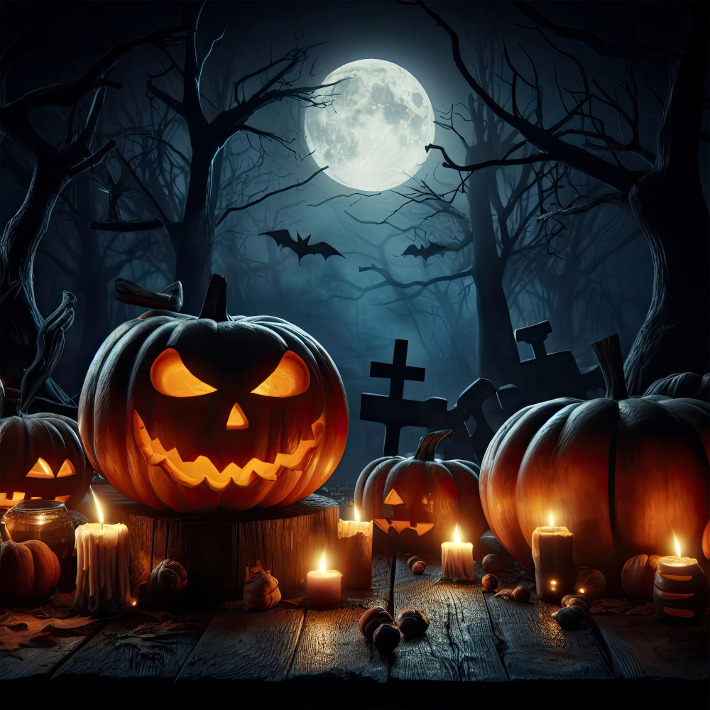 Candlelit Pumpkins in Spooky Forest Halloween Backdrop BRP8-254