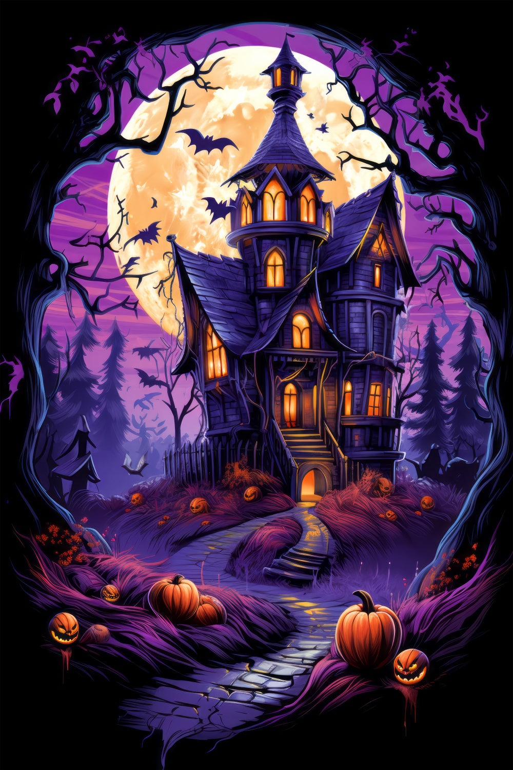 Purple Moonlit Halloween Haunted Backdrop BRP8-259