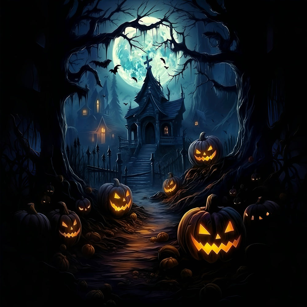 Scary Halloween Mansion and Pumpkin Lanterns Backdrop BRP8-266