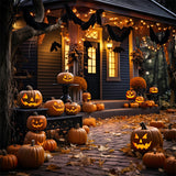 Halloween Pumpkin-Lit wooden House Backdrop BRP8-268