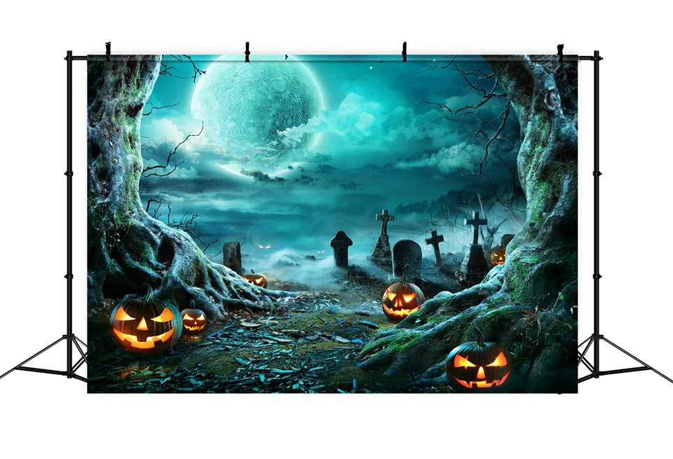 Scary Pumpkin and Graveyard Halloween Moon Backdrop BRP8-271