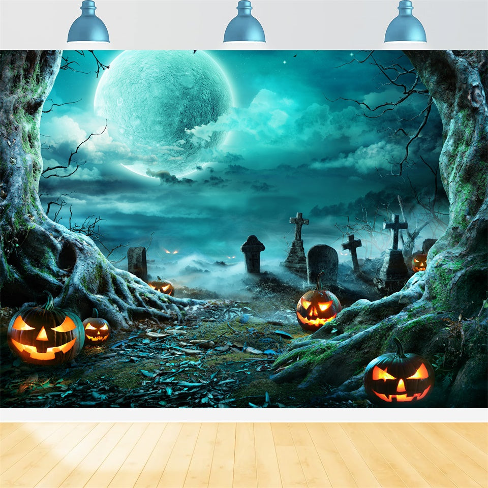 Scary Pumpkin and Graveyard Halloween Moon Backdrop BRP8-271