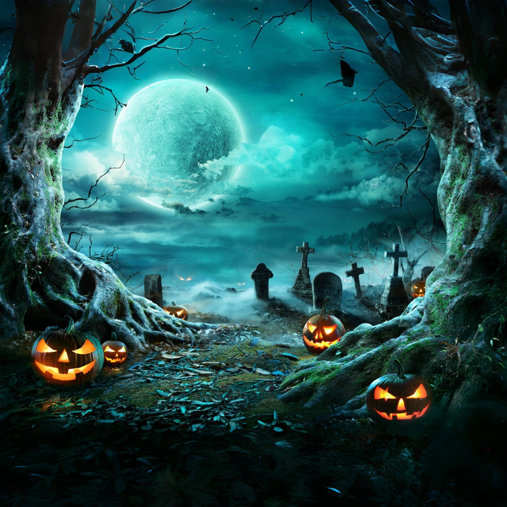 Scary Pumpkin and Graveyard Halloween Moon Backdrop BRP8-271