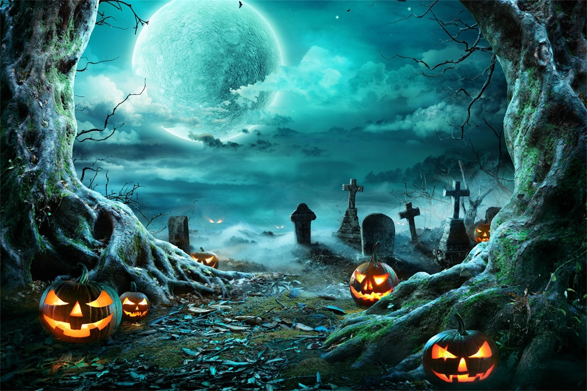 Scary Pumpkin and Graveyard Halloween Moon Backdrop BRP8-271