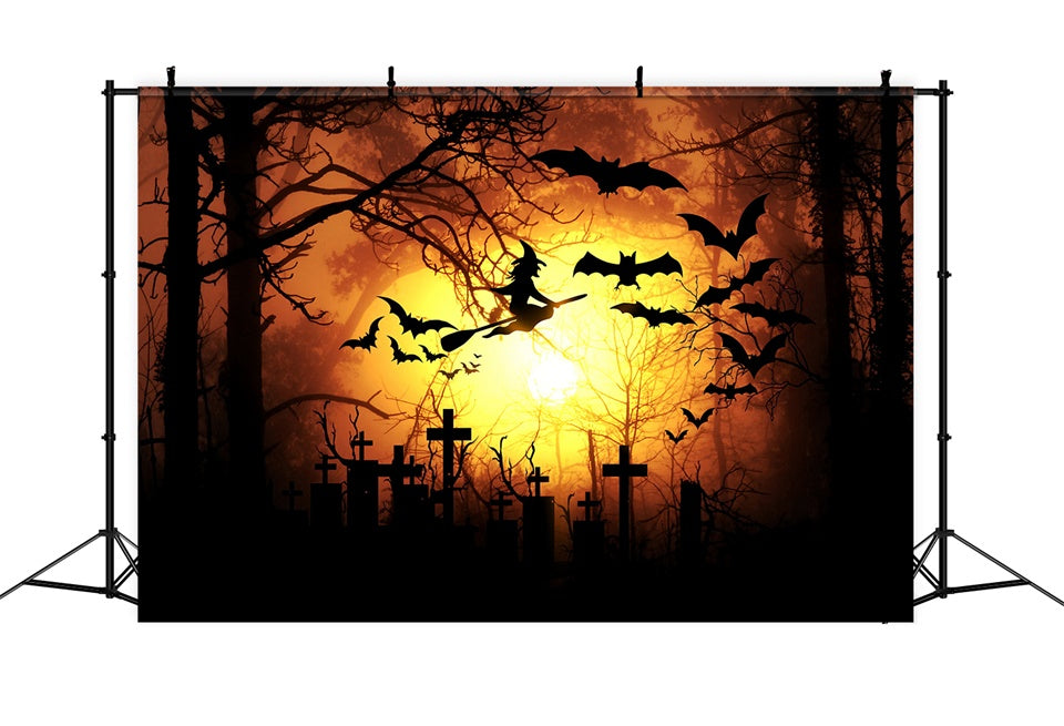 Halloween Bats Flying Witch Orange Moon Backdrop BRP8-276