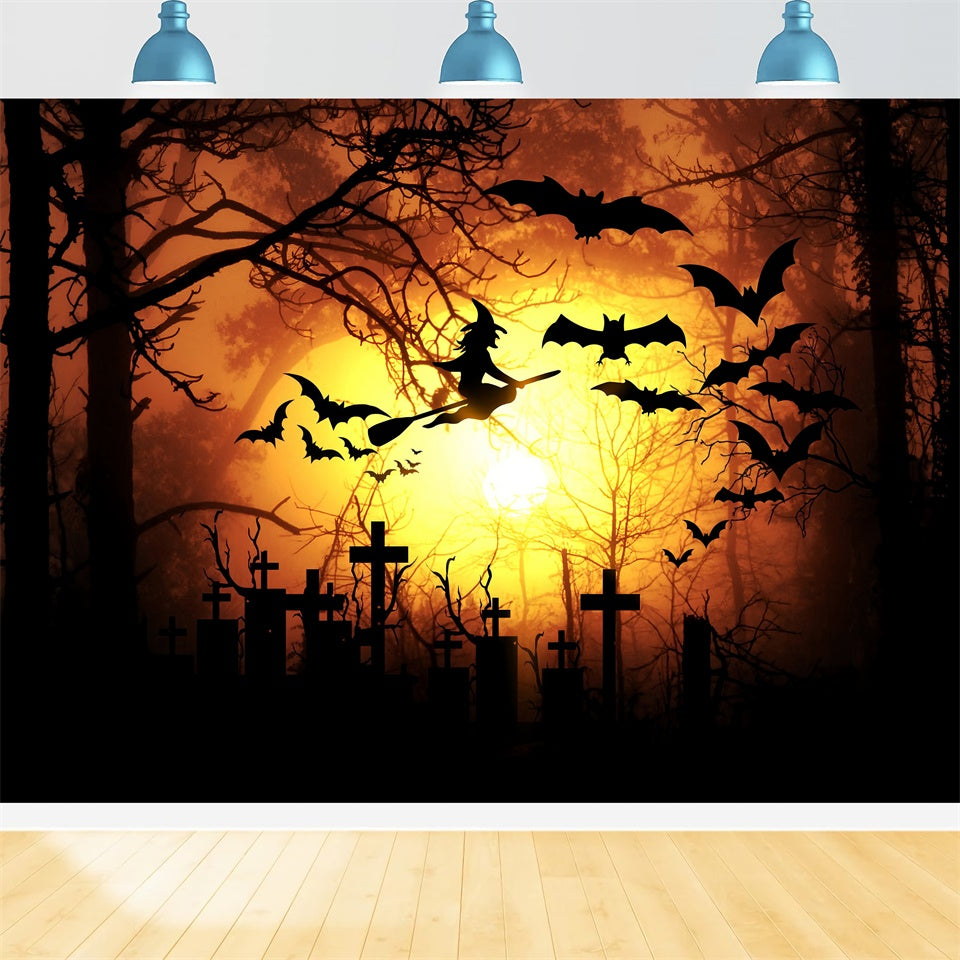 Halloween Bats Flying Witch Orange Moon Backdrop BRP8-276