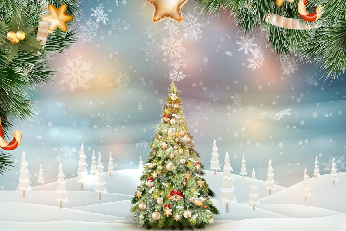 Golden Stars and Snowflakes Christmas Tree Backdrop BRP8-300