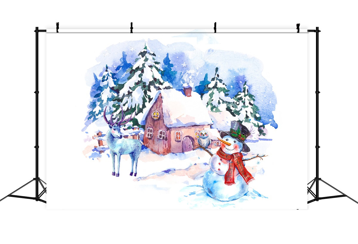 Watercolor Snowman and Reindeer Christmas Cabin Backdrop BRP8-301