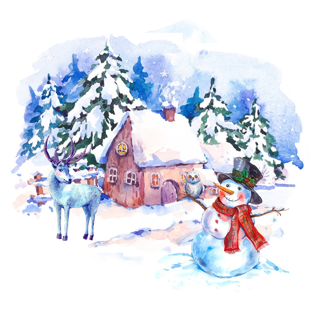 Watercolor Snowman and Reindeer Christmas Cabin Backdrop BRP8-301