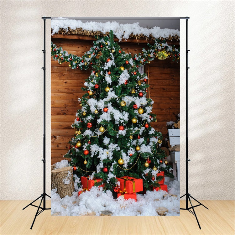 Snow-Covered Christmas Tree Wooden Cabin Backdrop BRP8-306