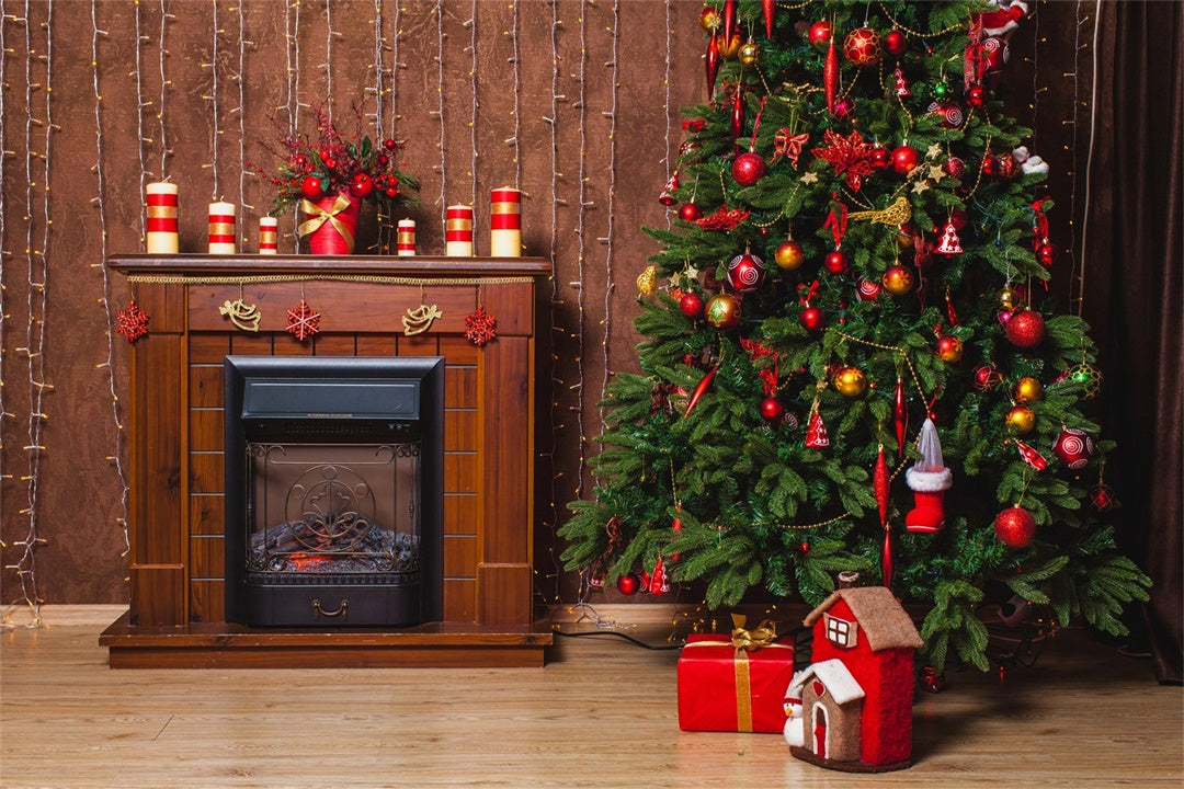 Traditional Christmas Tree by Fireplace Backdrop BRP8-309