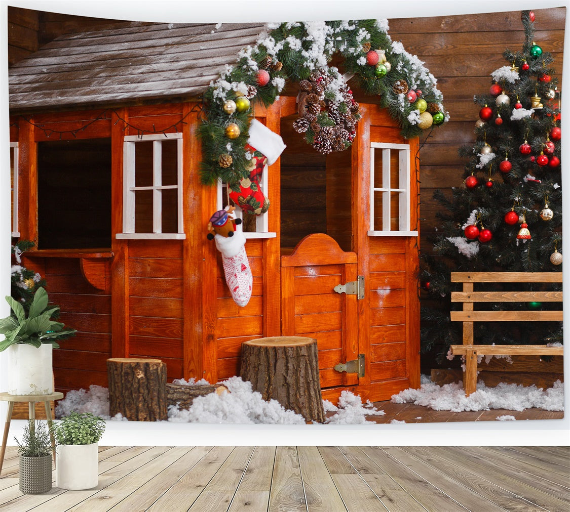 Snowy Wooden House Christmas Scene Backdrop BRP8-314