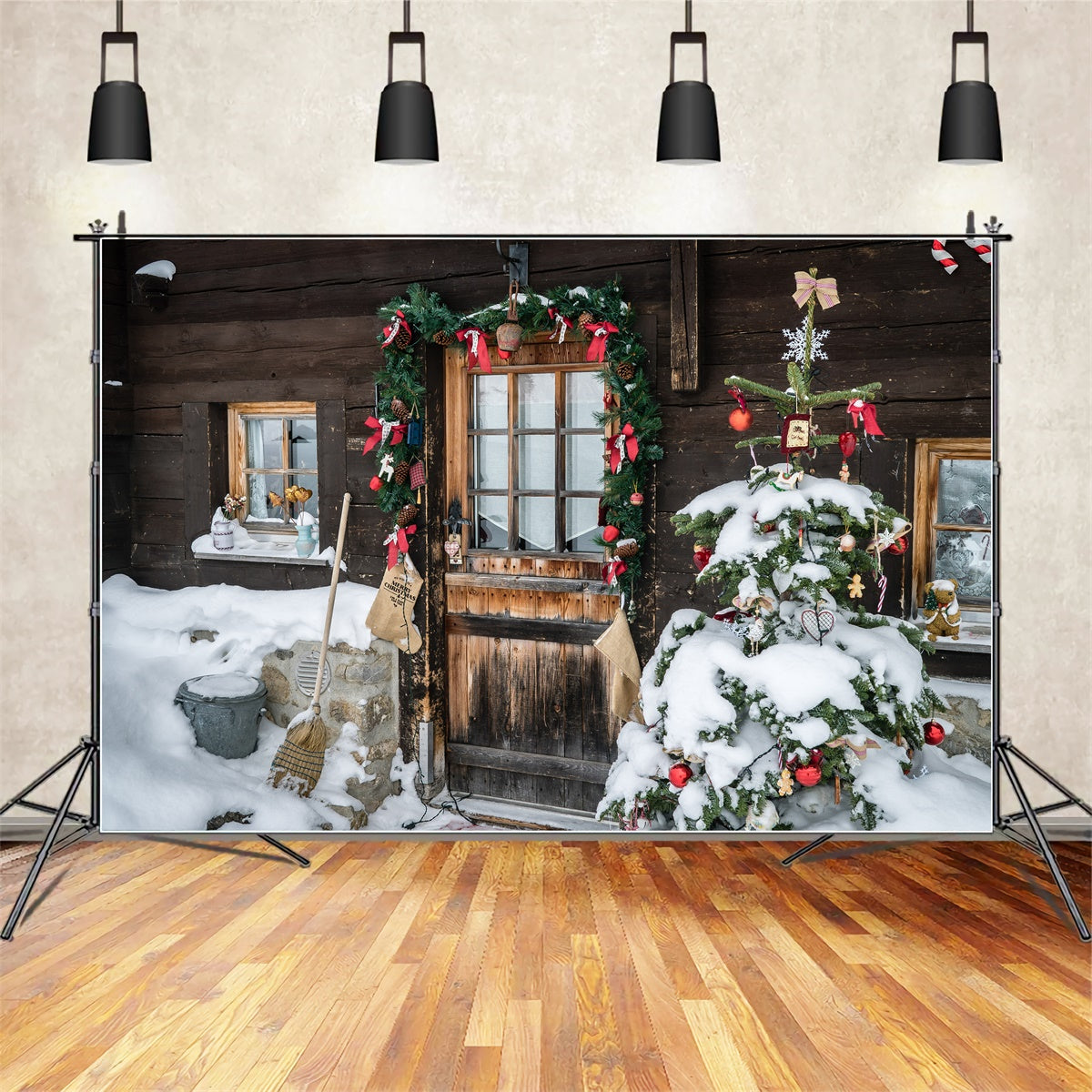 Rustic Winter Cabin with Decorated Door Backdrop BRP8-315