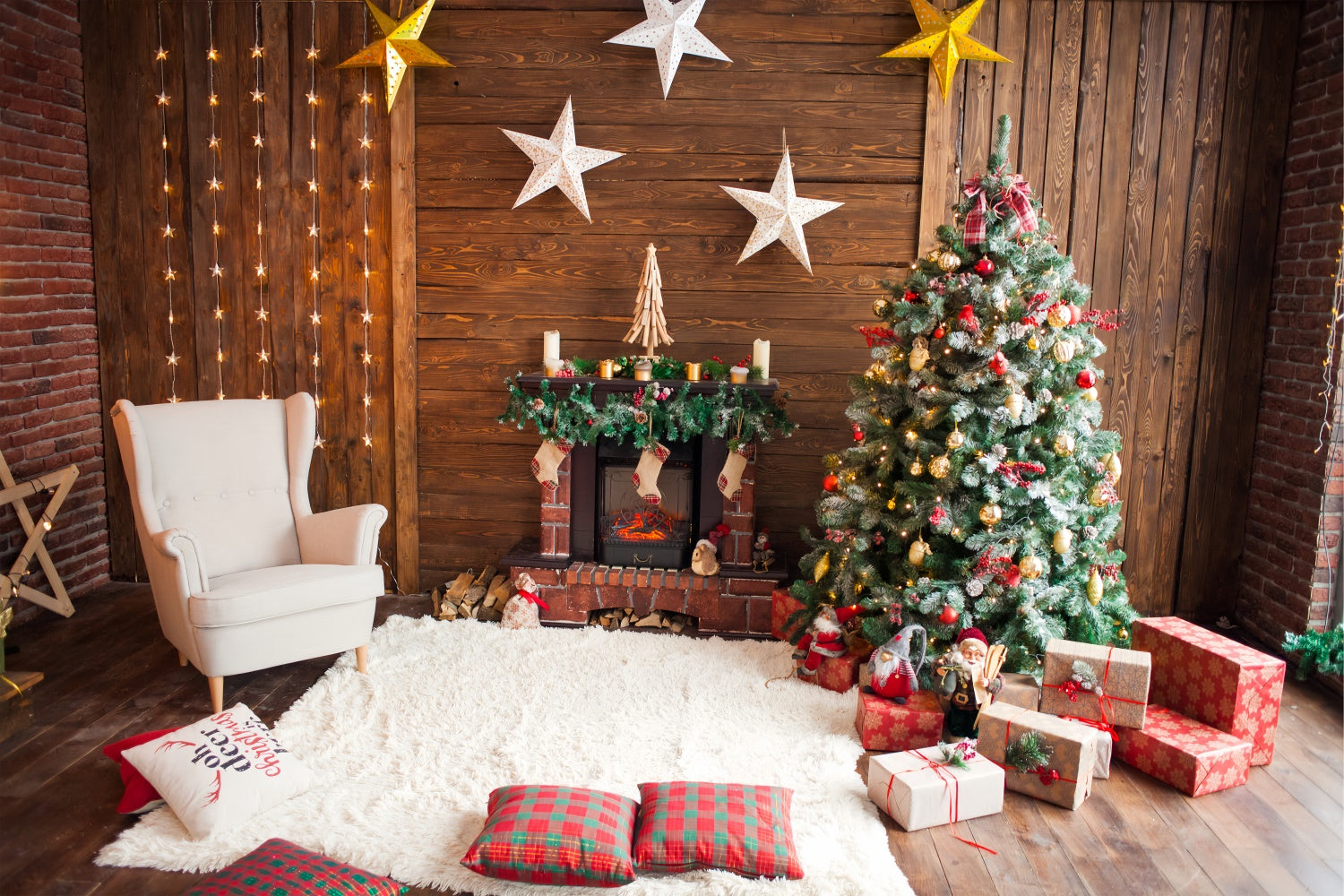 Christmas Tree Room with Star Decorations Backdrop BRP8-317