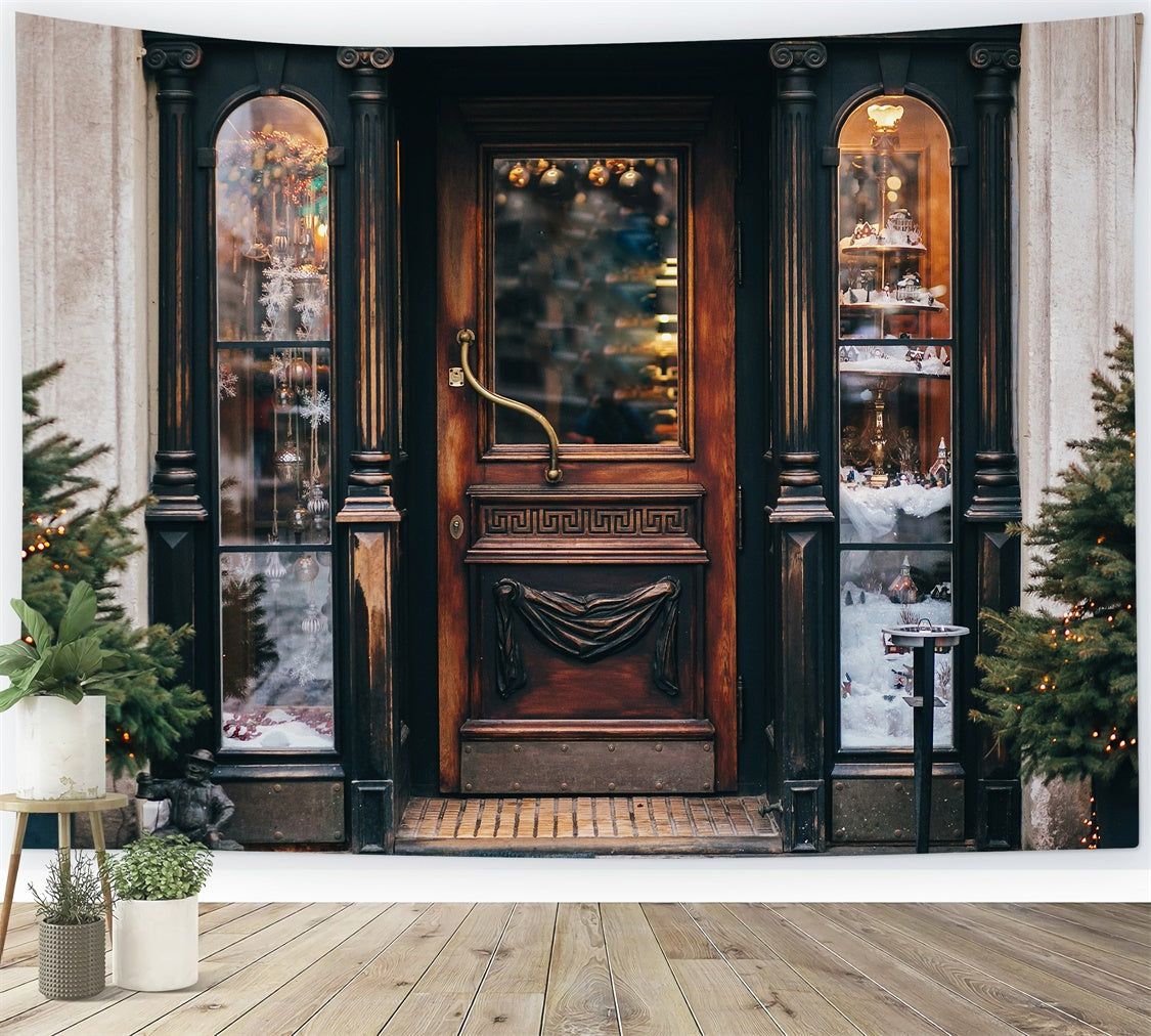 Vintage Christmas Storefront with Pine Trees Backdrop BRP8-318