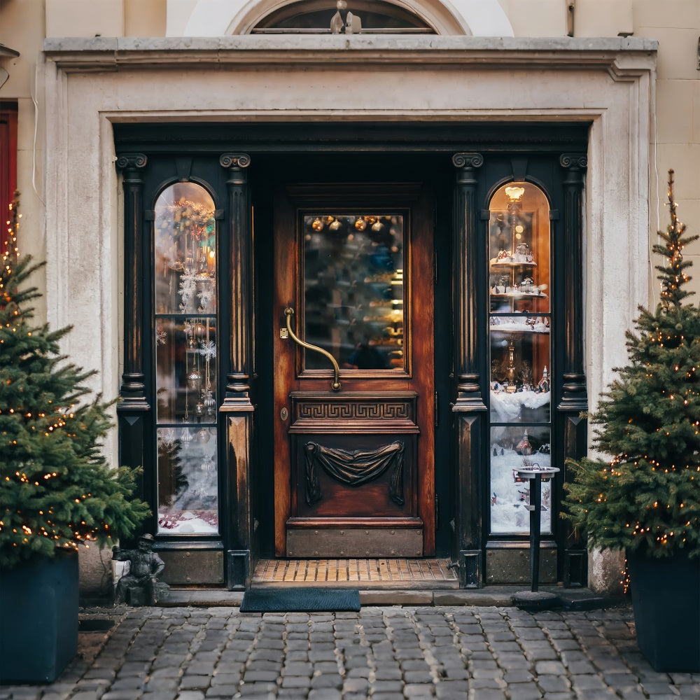 Vintage Christmas Storefront with Pine Trees Backdrop BRP8-318