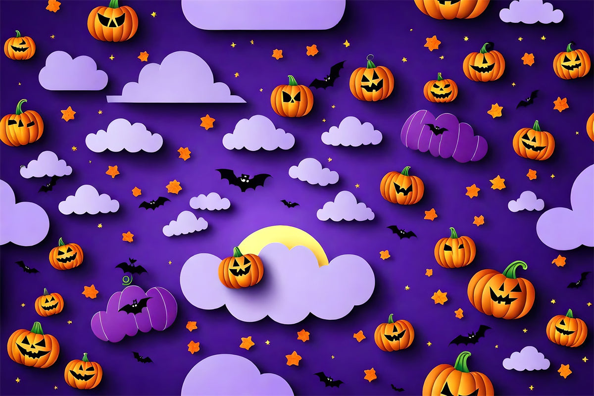 Halloween Pumpkins and Bats Purple Sky Backdrop BRP8-330