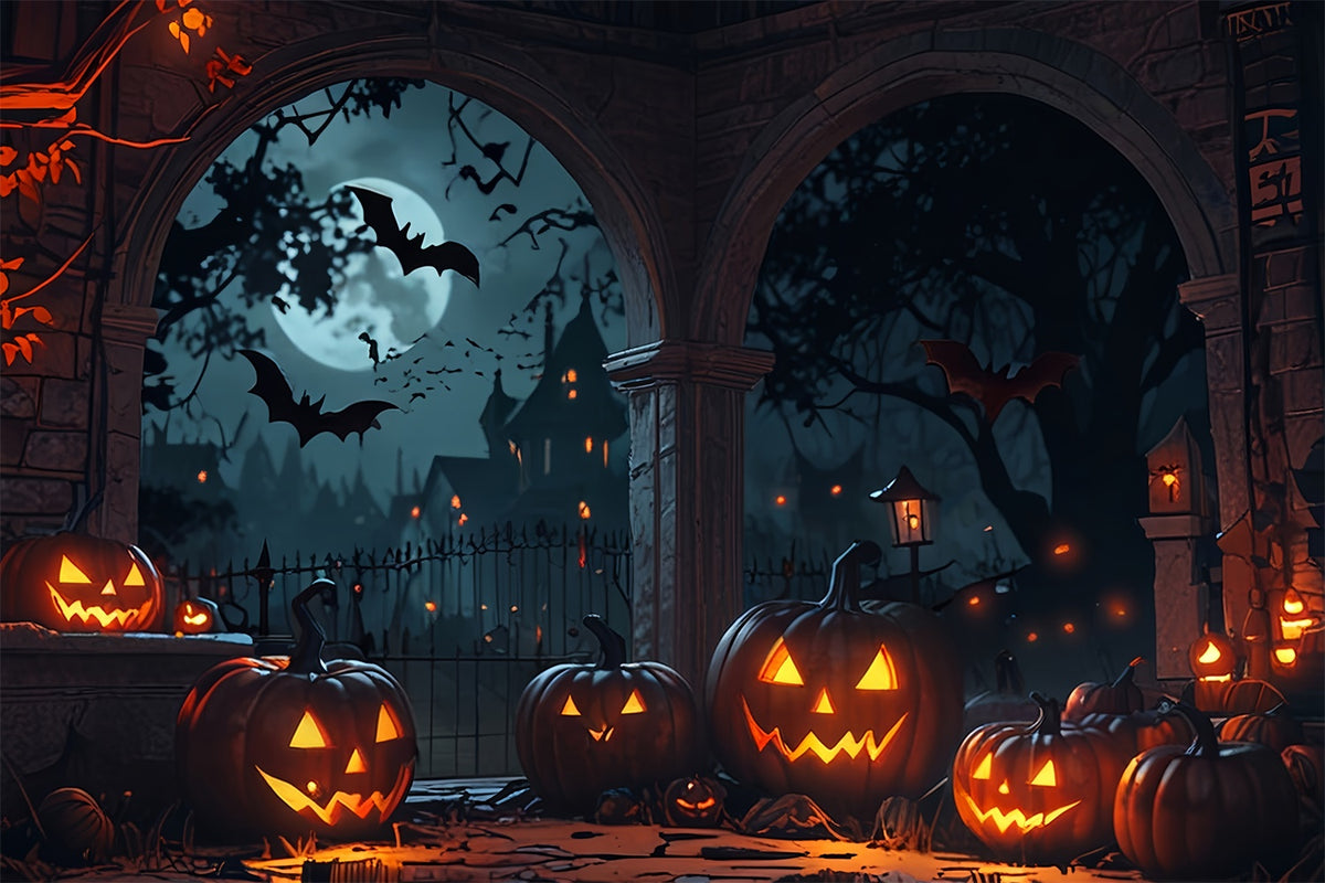 Halloween Archway with Pumpkins and Bats Backdrop BRP8-336