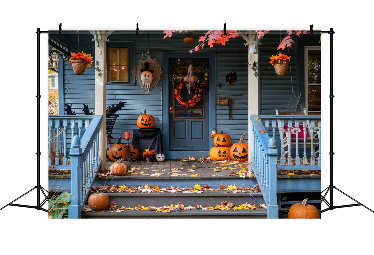 Halloween Leaves Spooky Pumpkin Blue Wooden House BRP8-339