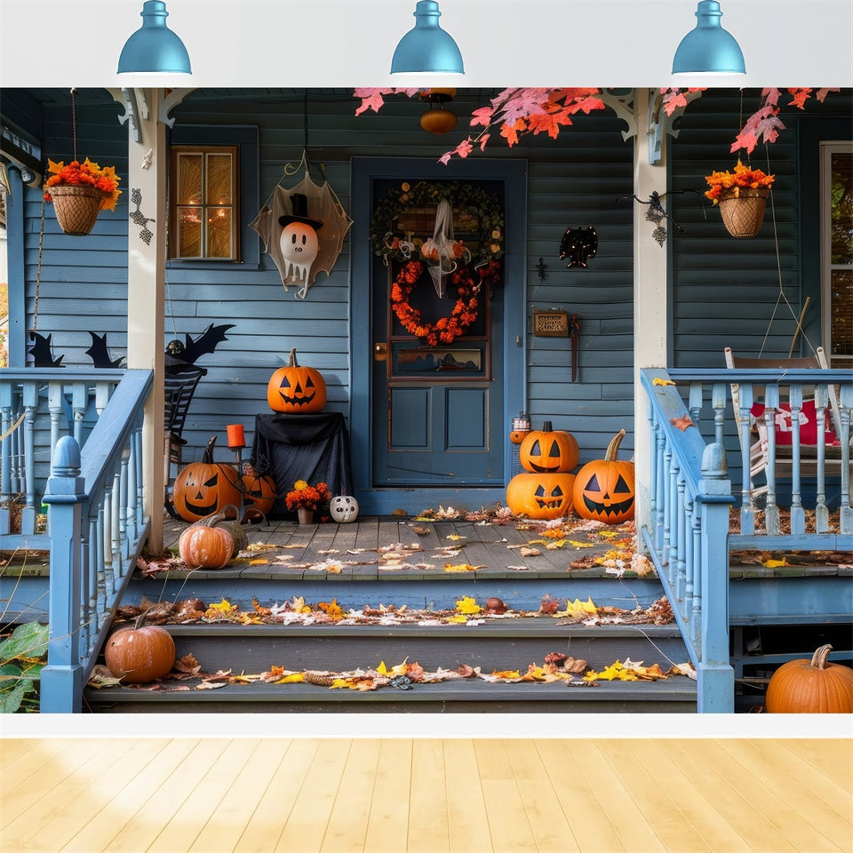 Halloween Leaves Spooky Pumpkin Blue Wooden House BRP8-339