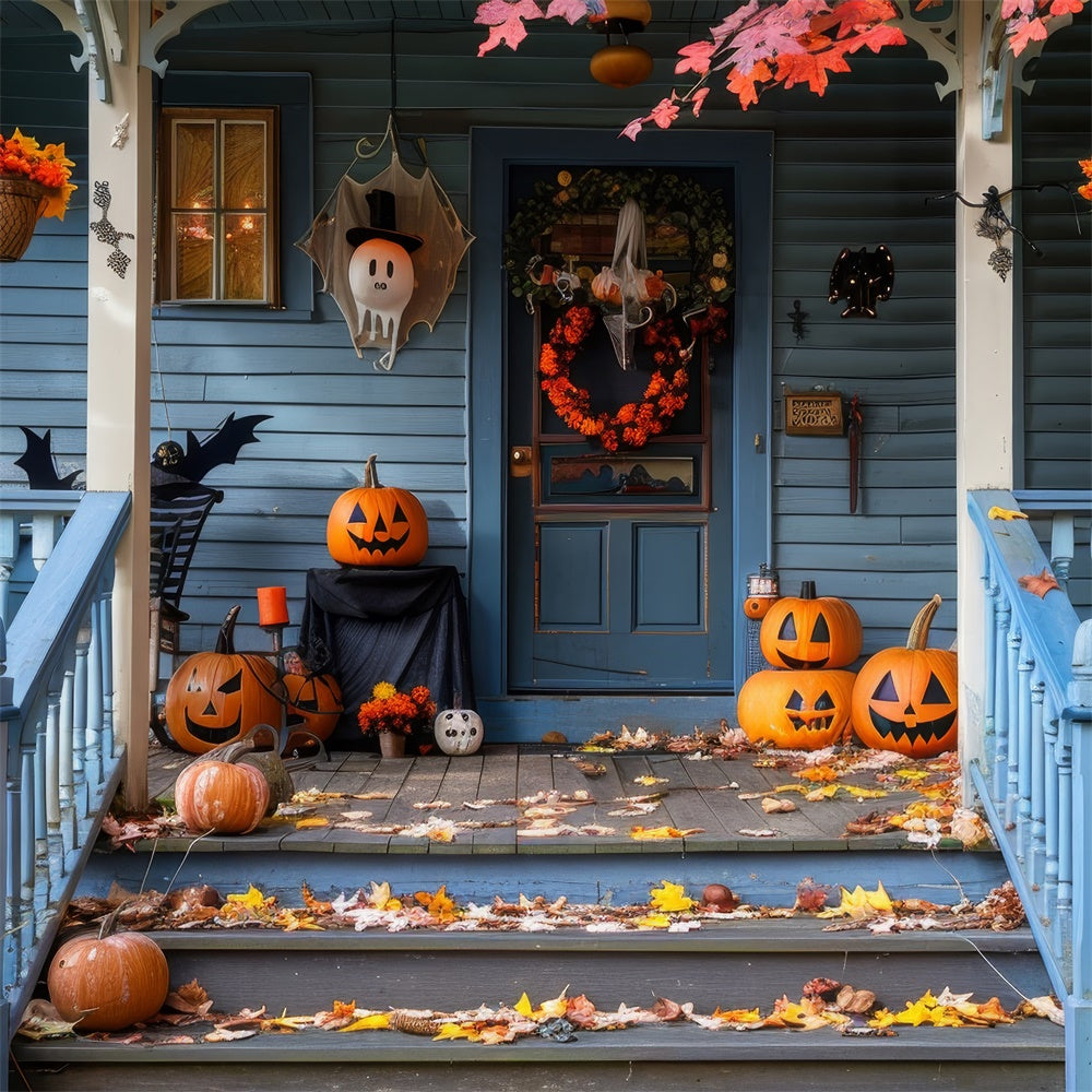 Halloween Leaves Spooky Pumpkin Blue Wooden House BRP8-339