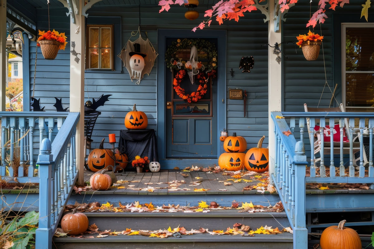 Halloween Leaves Spooky Pumpkin Blue Wooden House BRP8-339