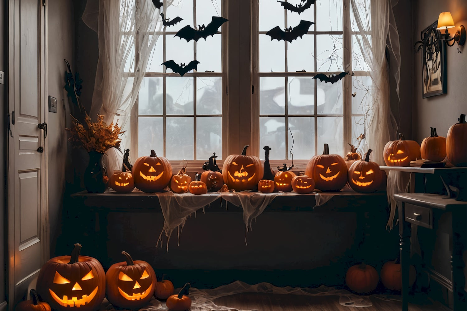 Bats and Pumpkins Halloween Window Scene Backdrop BRP8-345