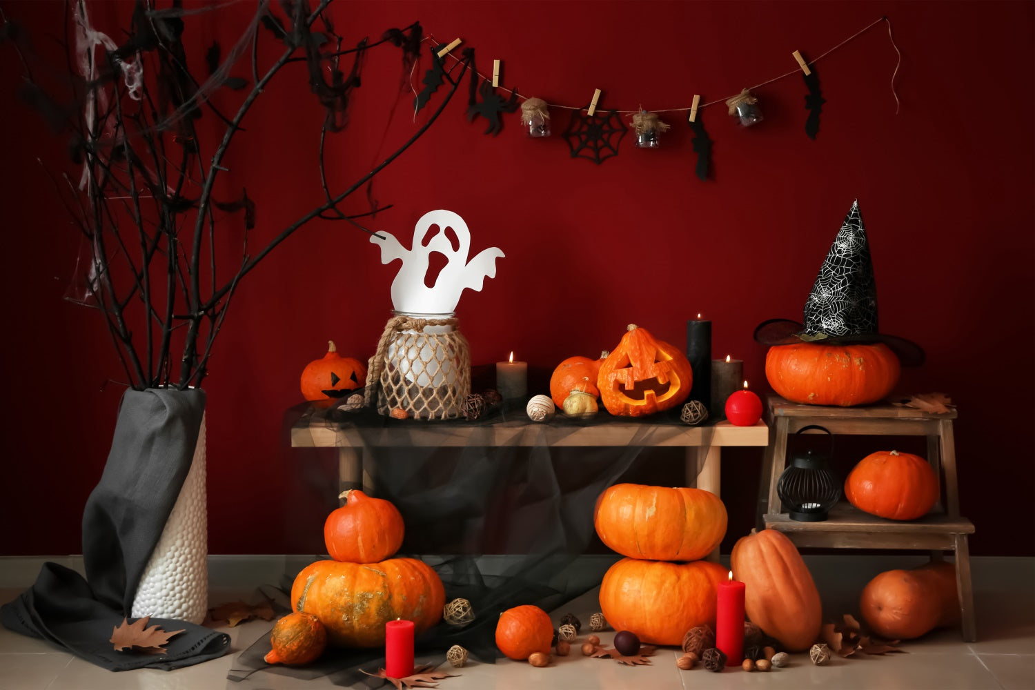 Red Wall Spooky Branches and Pumpkins Backdrop BRP8-354