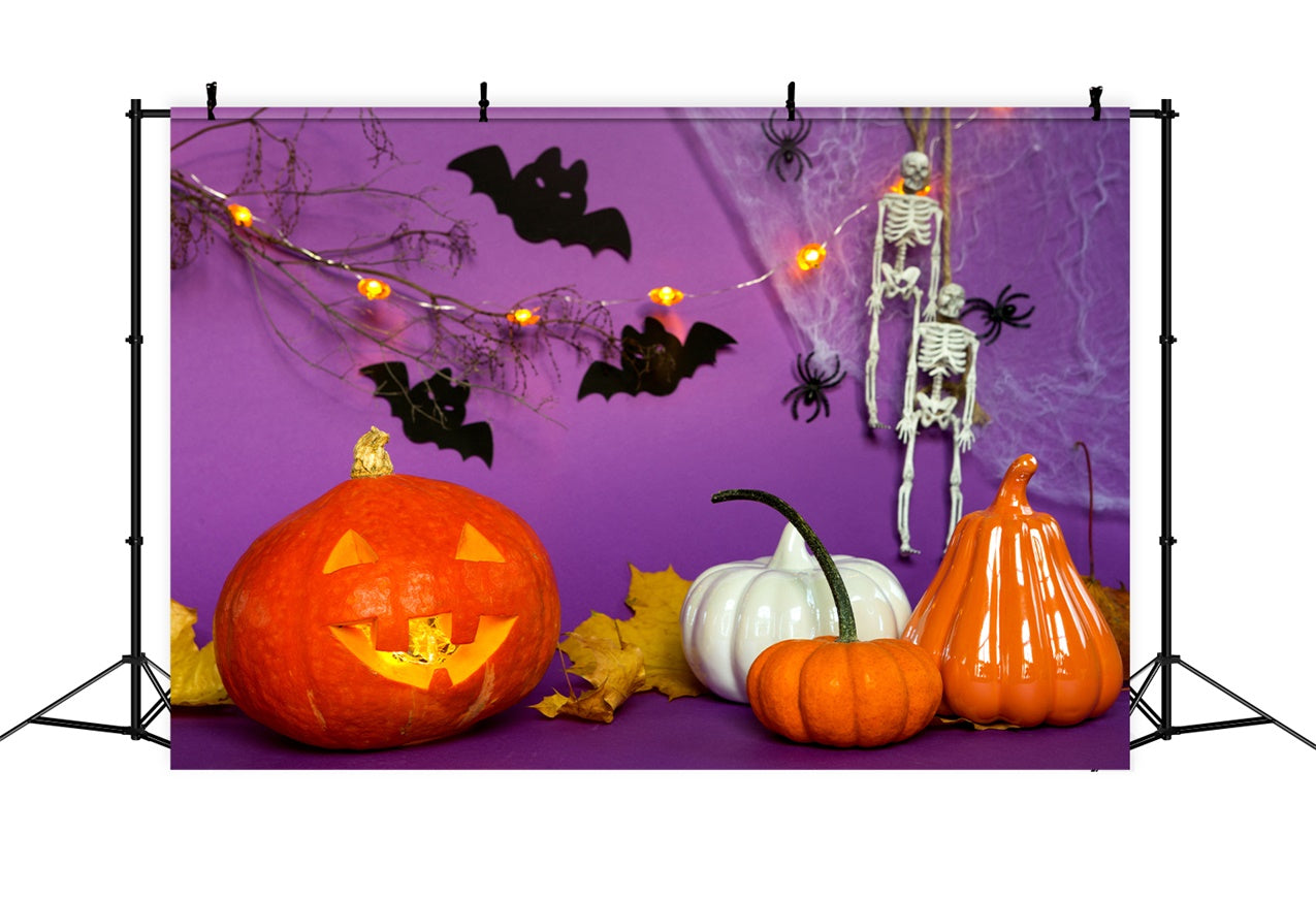 Purple Halloween Pumpkins and Skeletons Backdrop BRP8-358