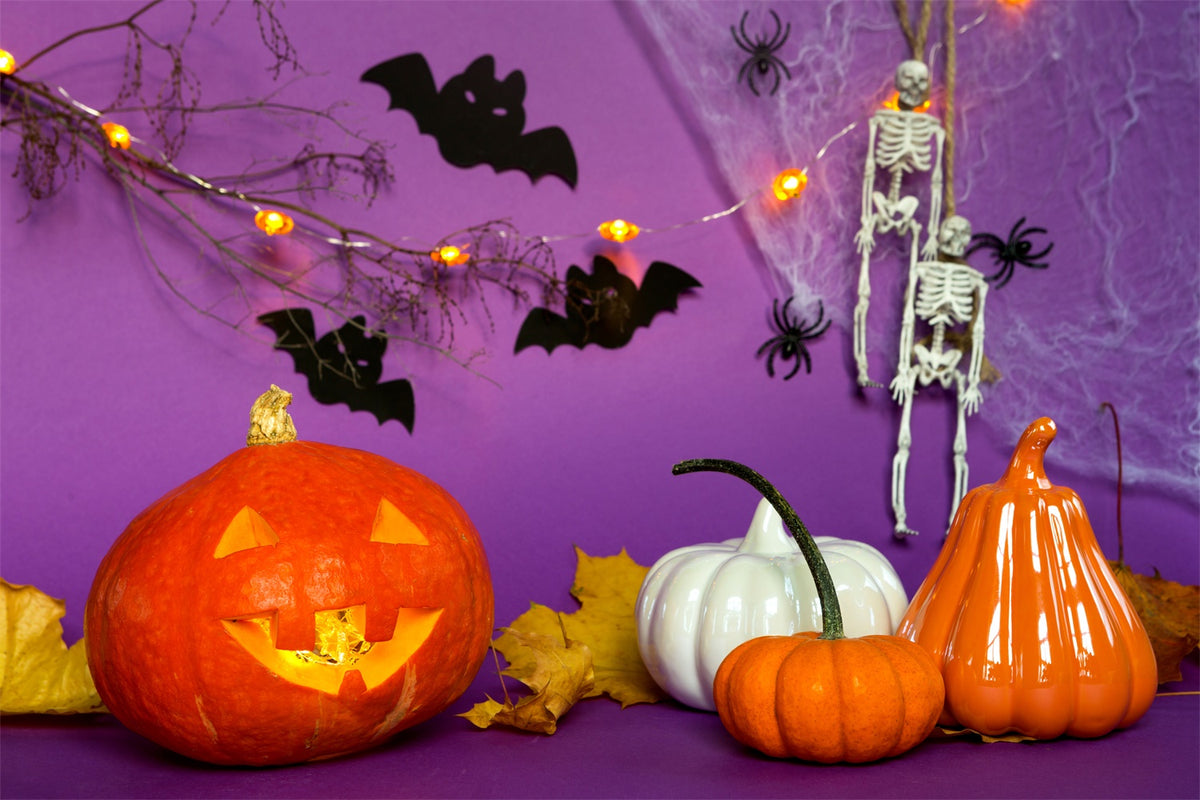 Purple Halloween Pumpkins and Skeletons Backdrop BRP8-358