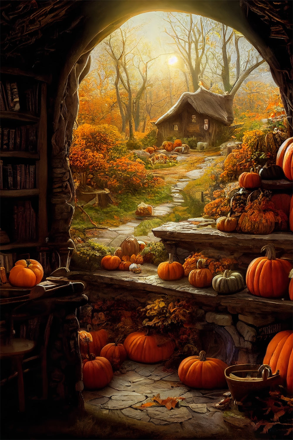 Rustic Cottage with Pumpkins Halloween Backdrop BRP8-359